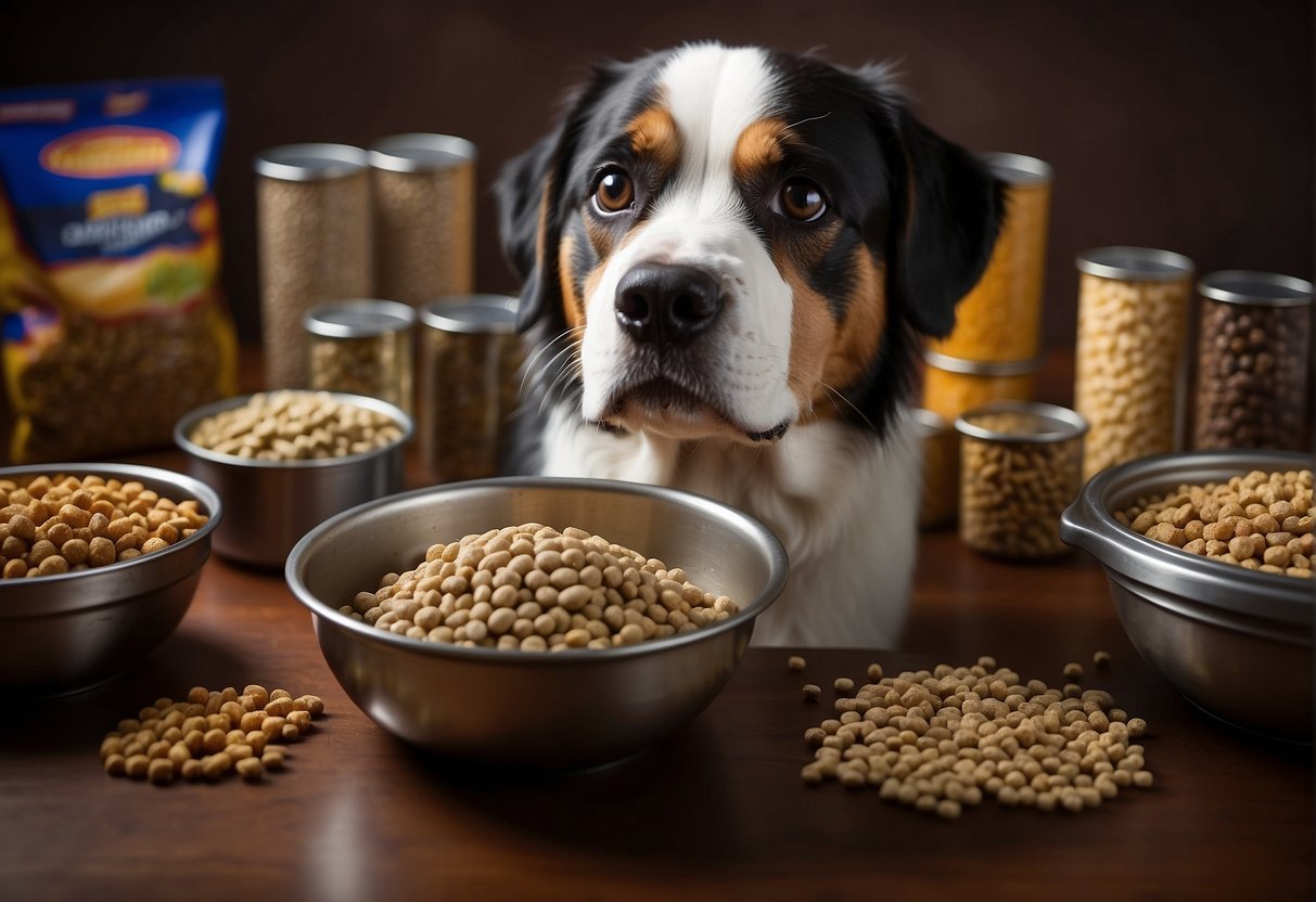A dog surrounded by various types of wet dog food, with a discerning look on its face as it evaluates the options