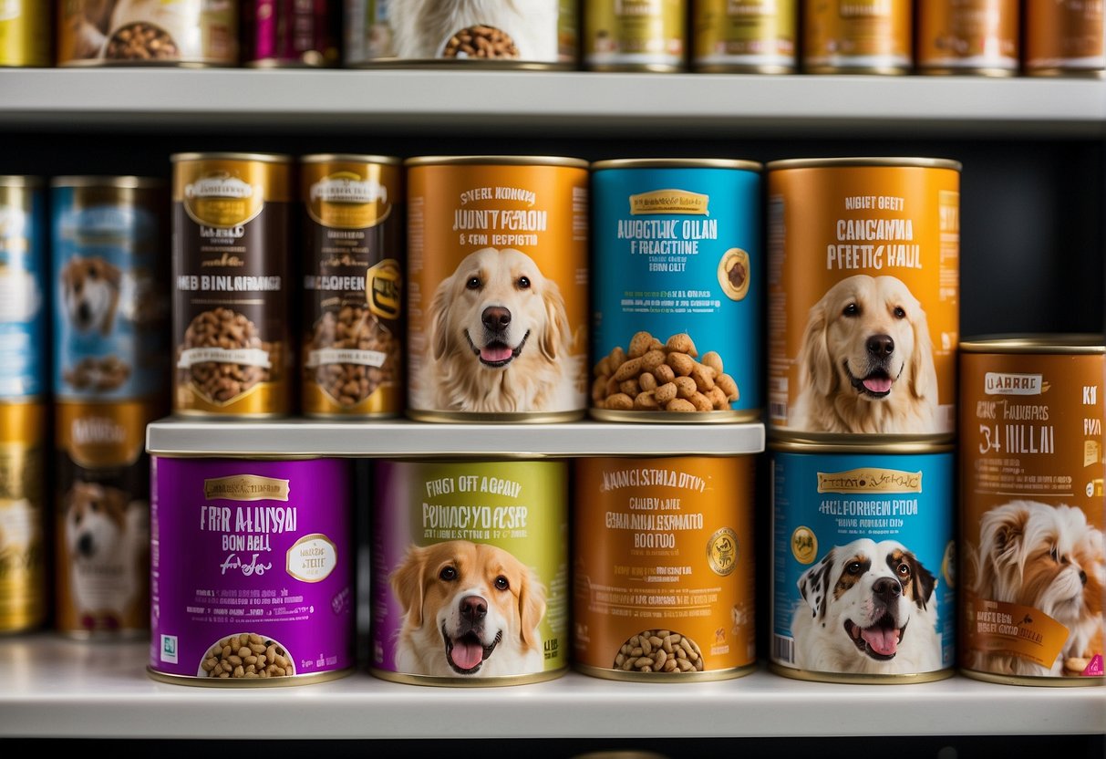 A variety of wet dog food cans and pouches displayed on a shelf