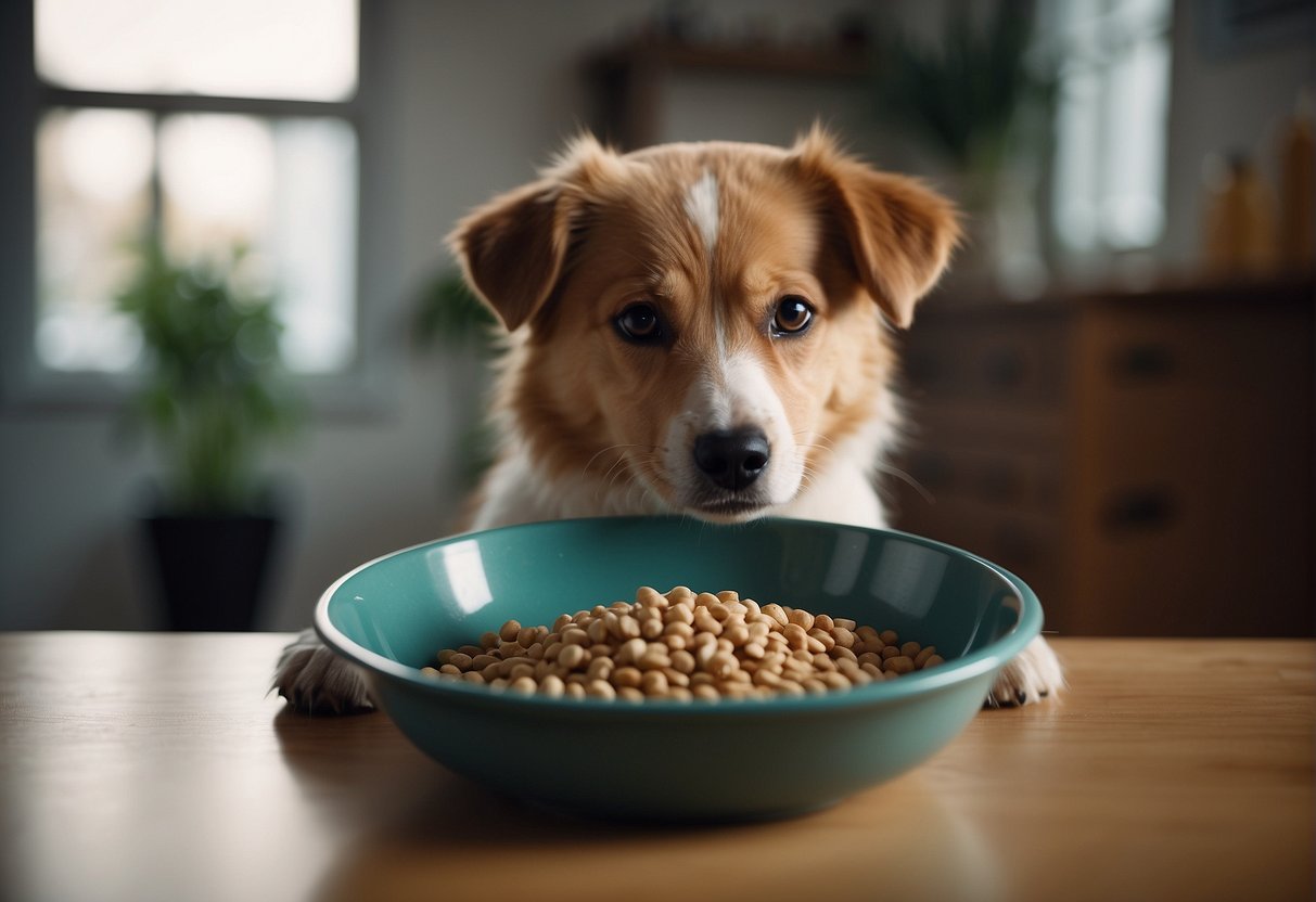 A dog eagerly eating from a bowl labeled "beste natvoer hond" while wagging its tail