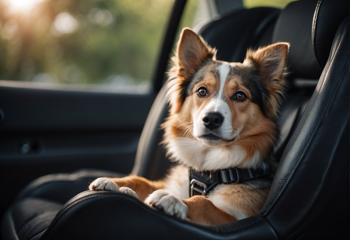 A dog sitting in a car seat, looking out the window