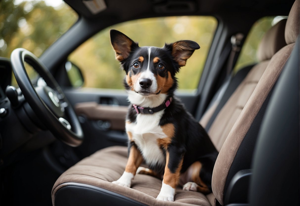 A dog sits comfortably in a car seat with a soft cushion and secure straps, enjoying a relaxed and safe ride