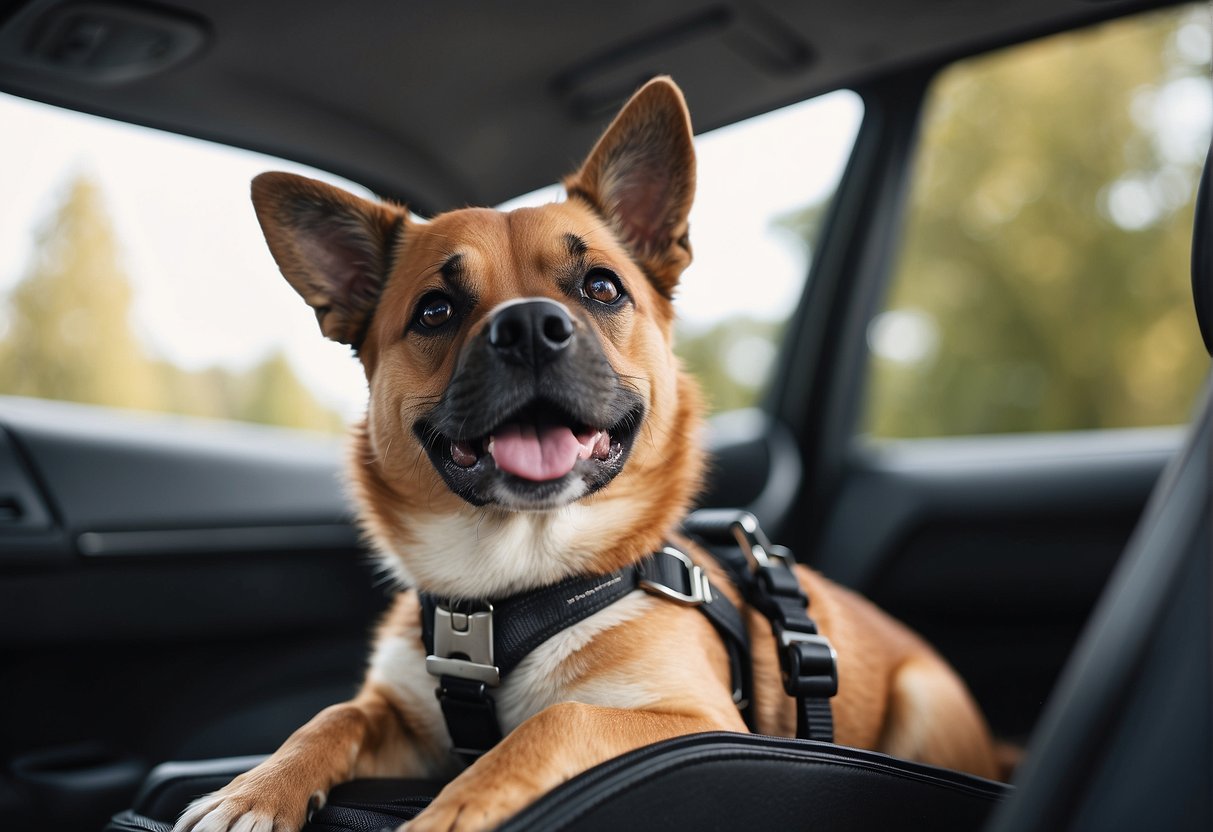 A dog comfortably sitting in a car seat designed for pets, with the seat securely fastened and the dog wearing a harness for safety