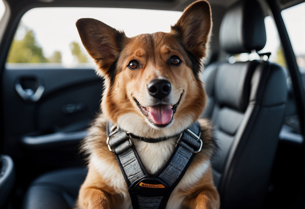 A dog sitting in a car seat, securely fastened with a harness, with a happy expression on its face
