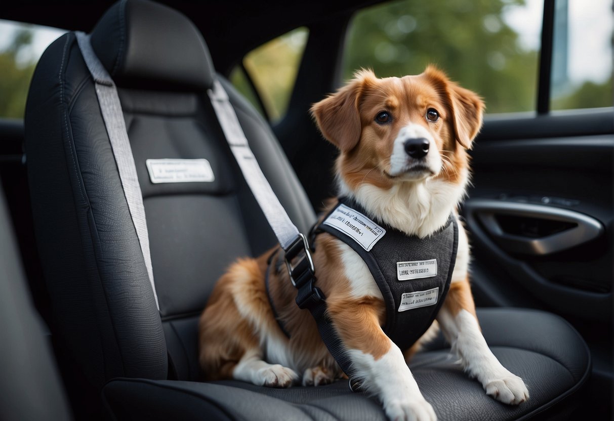 A dog car seat with safety straps and a label showing compliance with regulations and standards