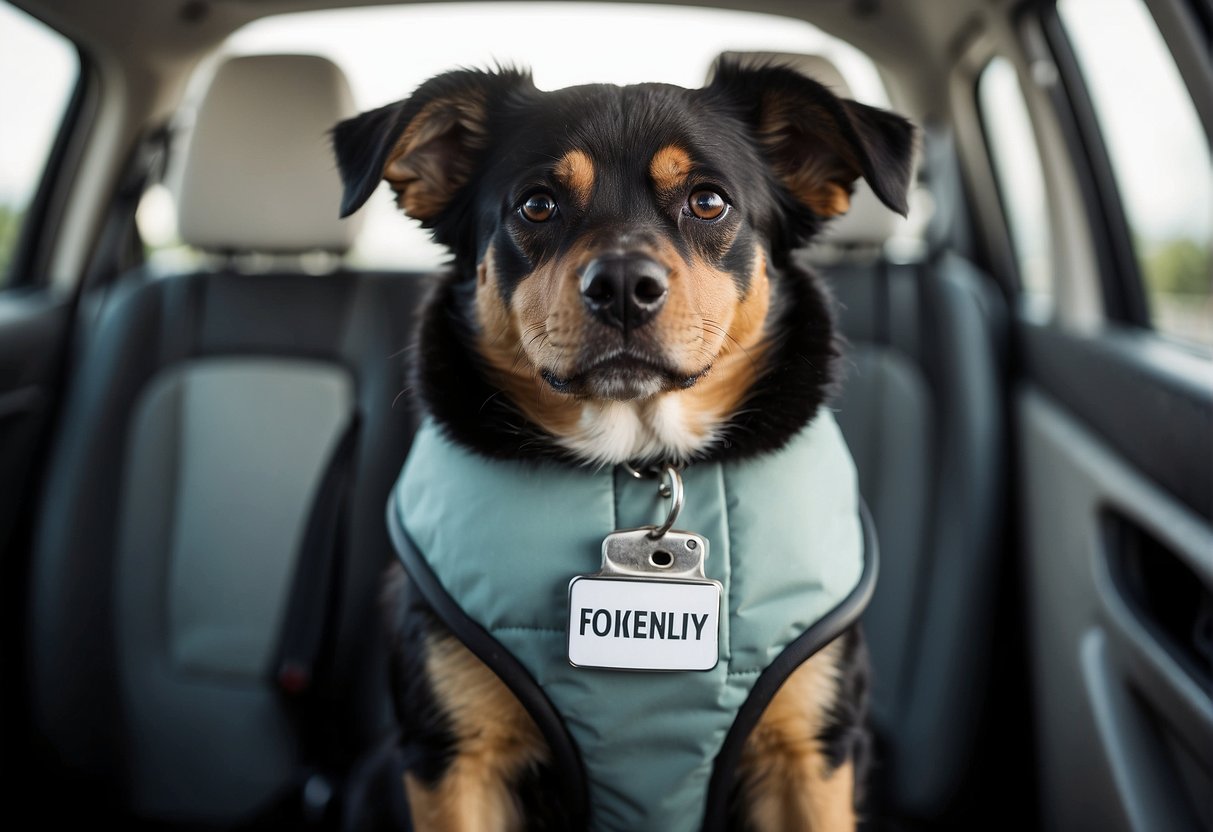 A dog sitting in a car seat with a puzzled expression, surrounded by question marks and a sign reading "Frequently Asked Questions autostoel hond."