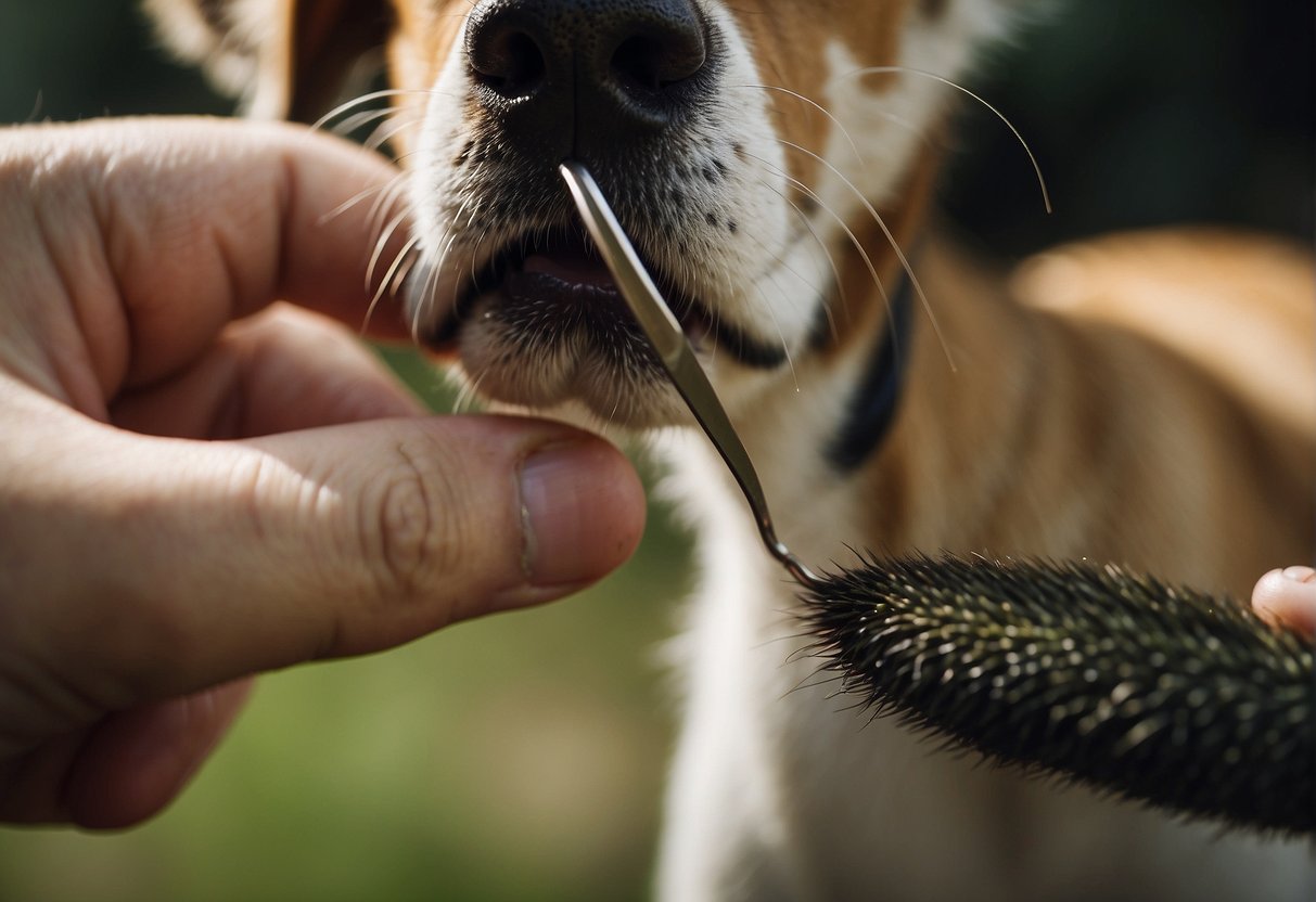A person using tweezers to remove a tick from a dog's fur