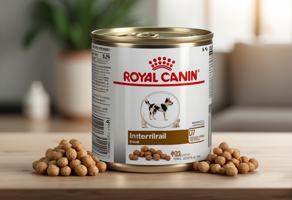 A bowl of Royal Canin Gastro Intestinal dog food with its nutritional value and ingredients listed on the packaging