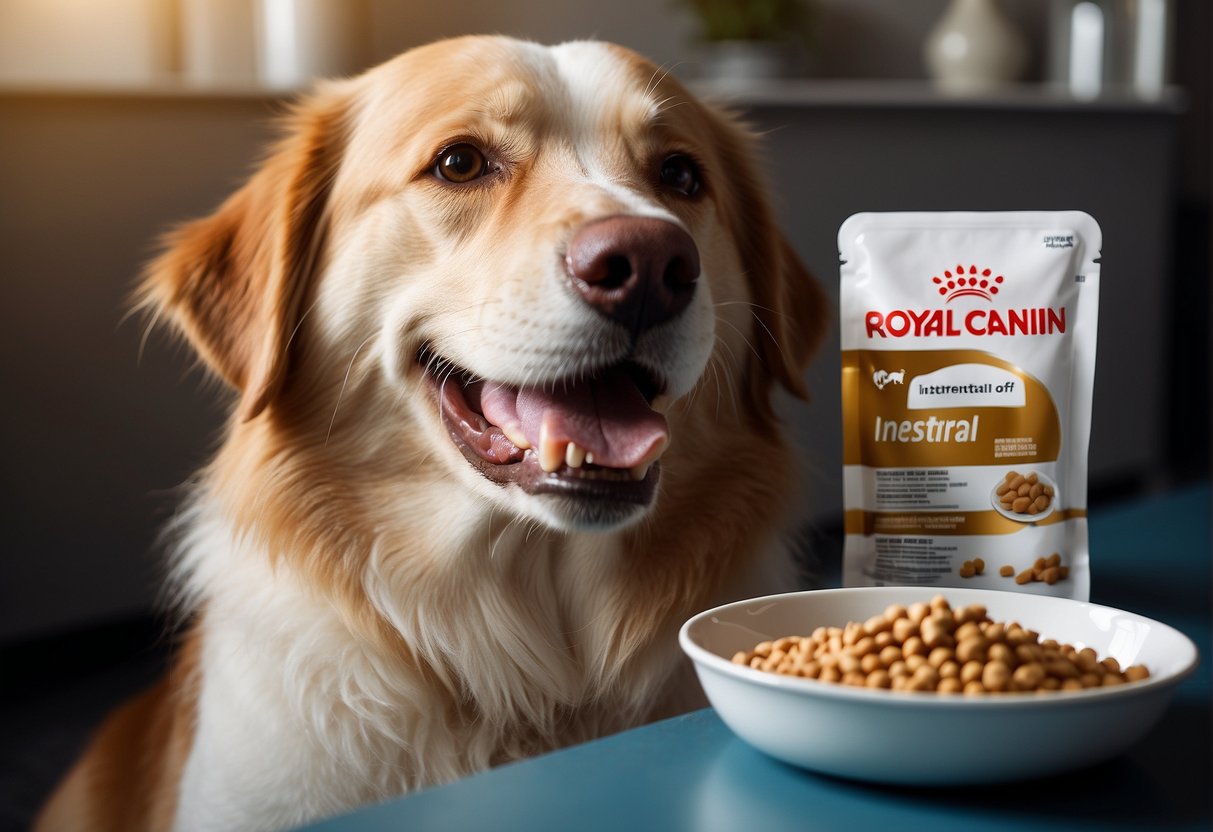 A happy dog with a shiny coat, eating Royal Canin Gastro Intestinal dog food, with a bowl and packaging nearby