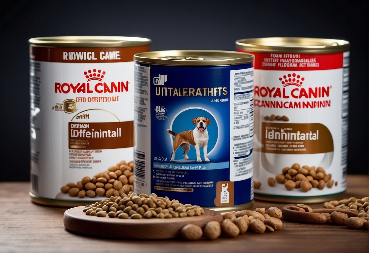 Various product variants and packaging of Royal Canin Gastro Intestinal dog food