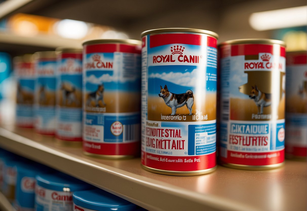 A shelf with Royal Canin Gastro Intestinal dog food cans, showing the product's label and expiration date
