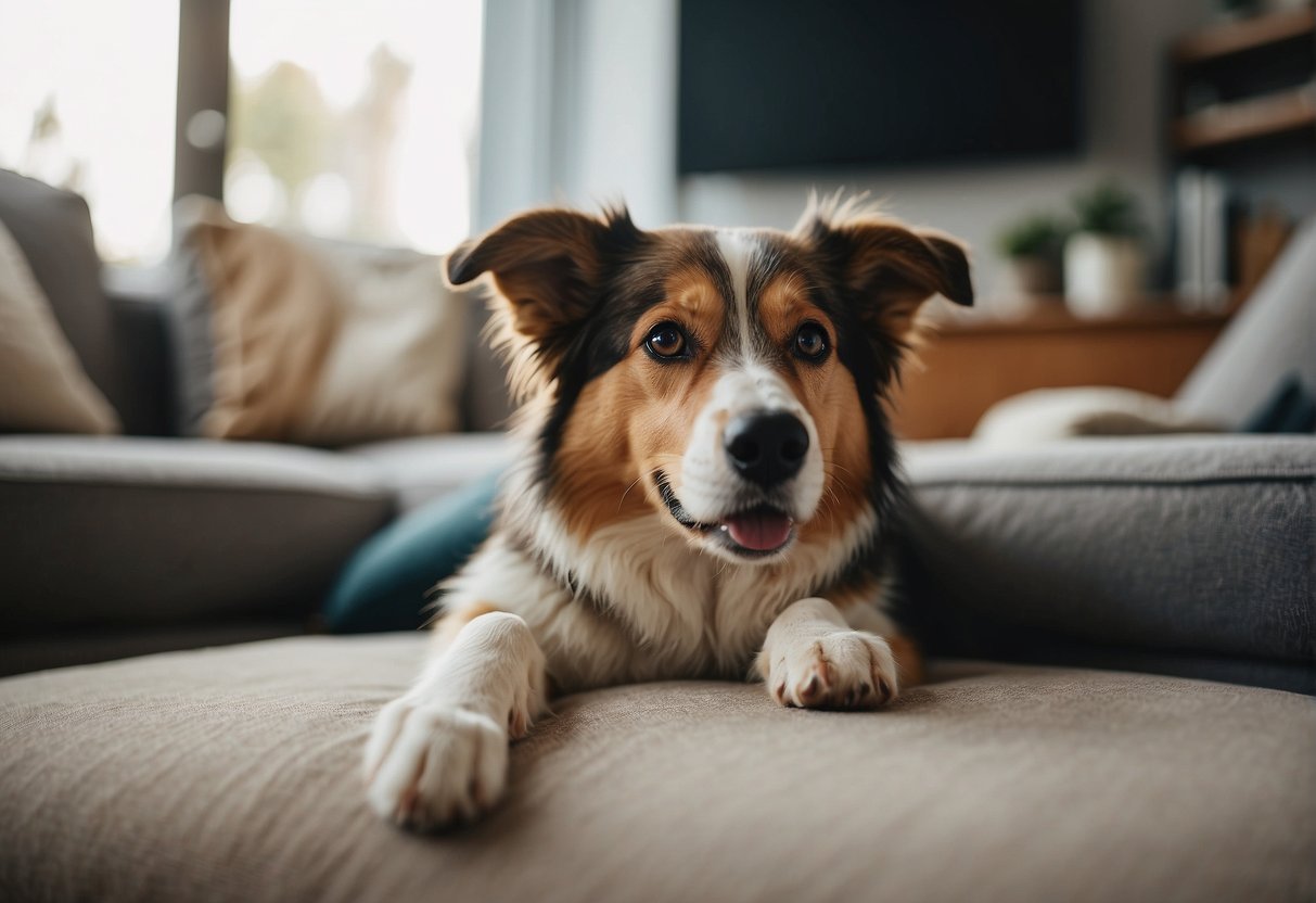 A dog licking its paws in a cozy living room setting