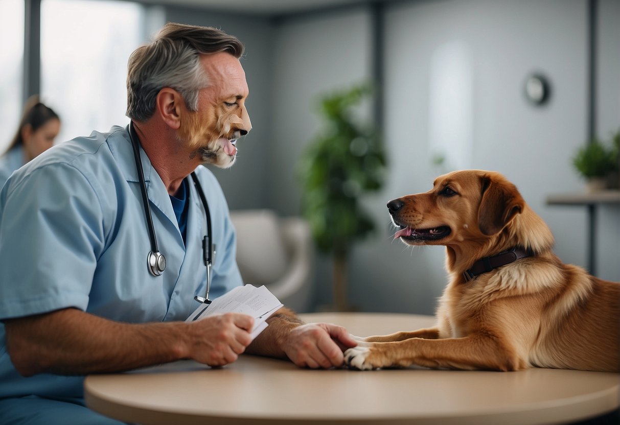A dog consulting a vet licks its paws
