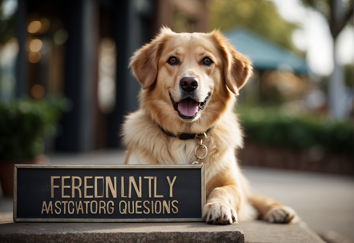 A dog licking its paws while sitting in front of a sign that reads "Frequently Asked Questions."
