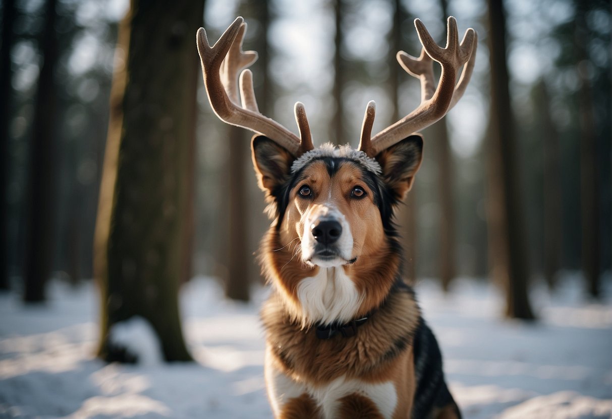 A dog with antlers, standing in a forest clearing