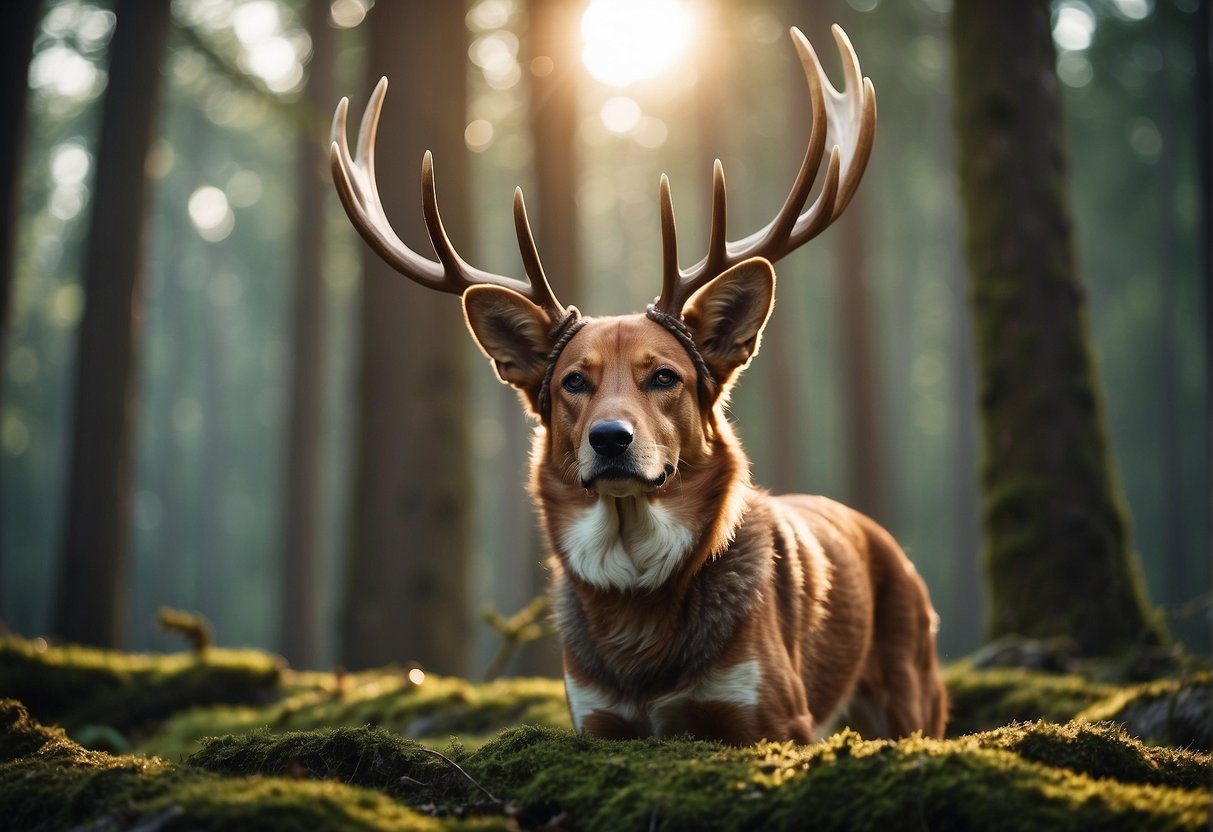 A dog with antlers, resembling a deer, stands proudly in a forest clearing. The sunlight filters through the trees, casting a warm glow on the majestic creature