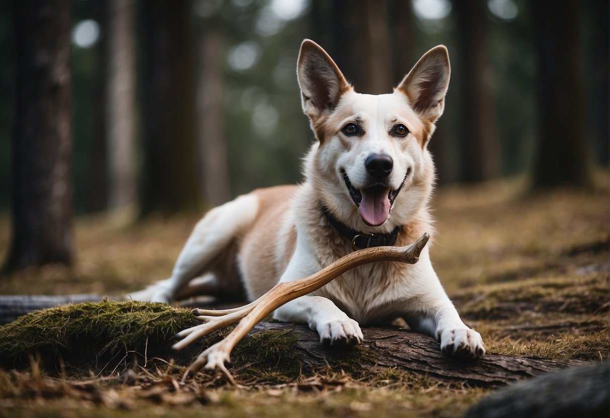 A dog chewing on a deer antler, looking content and healthy
