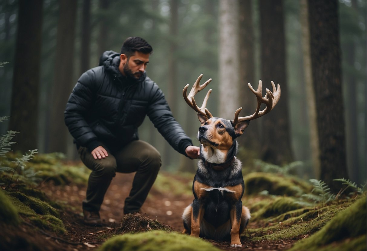 A dog with antlers trains with a handler in a forest clearing