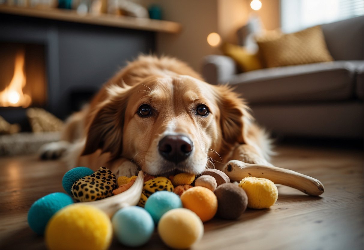 A dog happily chewing on a deer antler, surrounded by various pet toys and treats in a cozy living room setting
