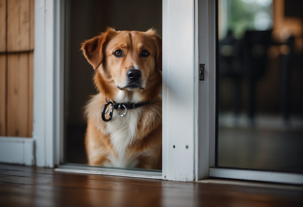 A dog with sad eyes looks out a window, paw prints on the floor, a leash hanging by the door