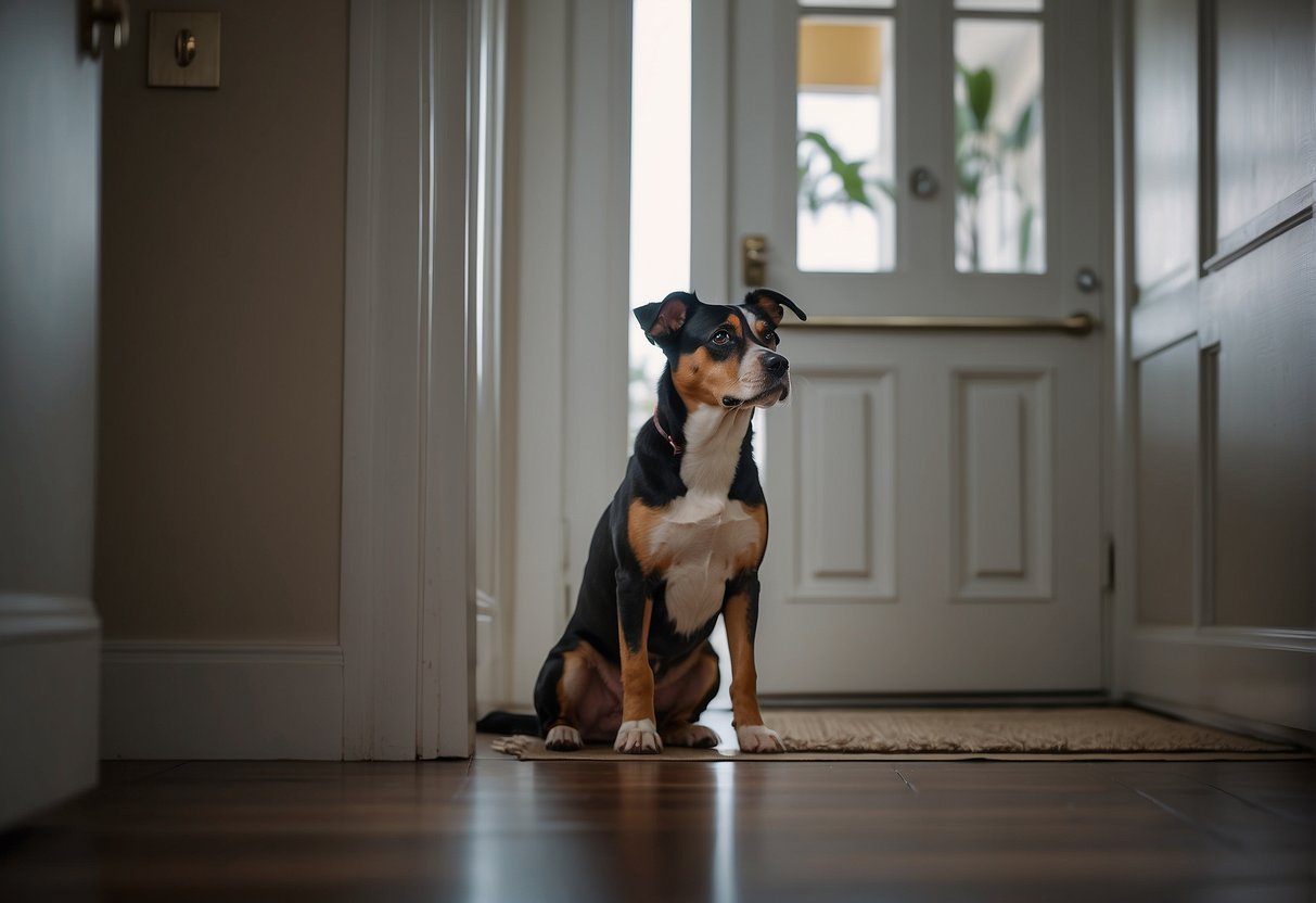 A dog whining and pacing in an empty room, looking anxiously at the door, with a sad expression on its face