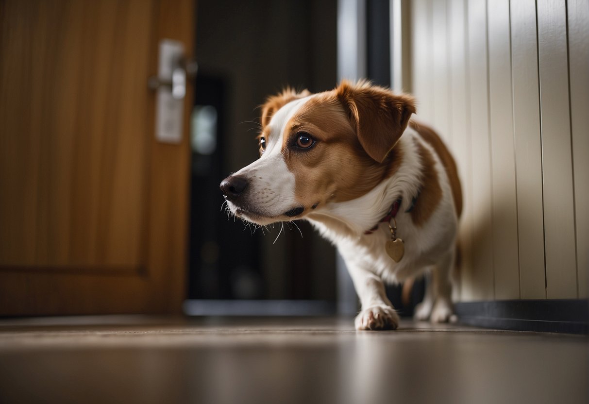 A dog looking anxious and distressed as it paces back and forth, whining and pawing at a closed door, with a worried expression on its face