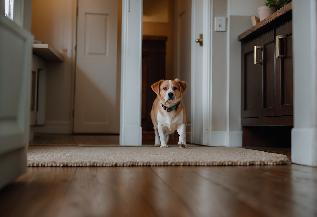 A dog pacing and whining, looking anxiously at the door as its owner prepares to leave, toys and treats scattered around to ease its anxiety