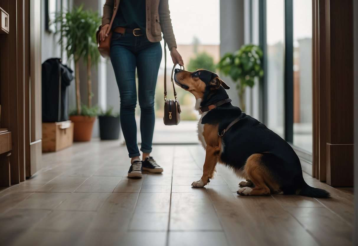 A dog eagerly waits by the door, tail wagging, as its owner puts on their coat and grabs the keys. The routine departure brings comfort and predictability to the anxious pup