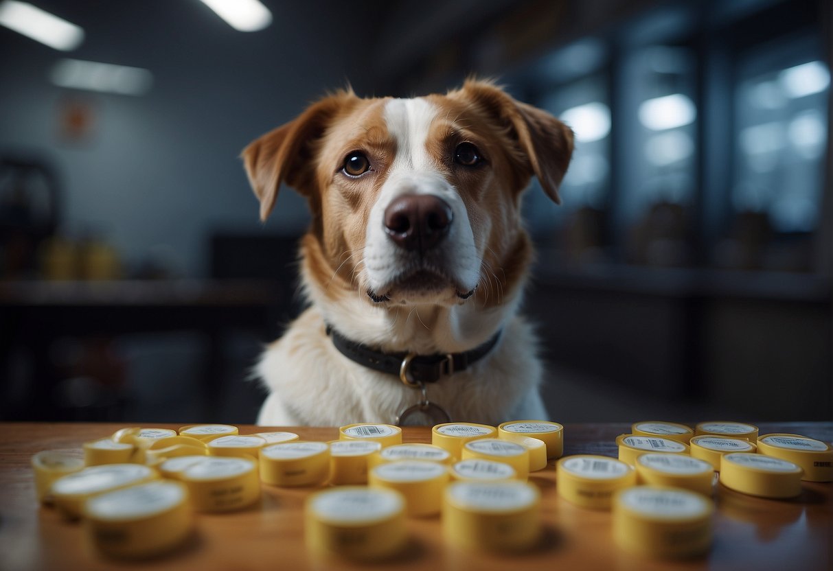 A dog experiencing side effects from pain medication, with caution signs and warning labels in the background