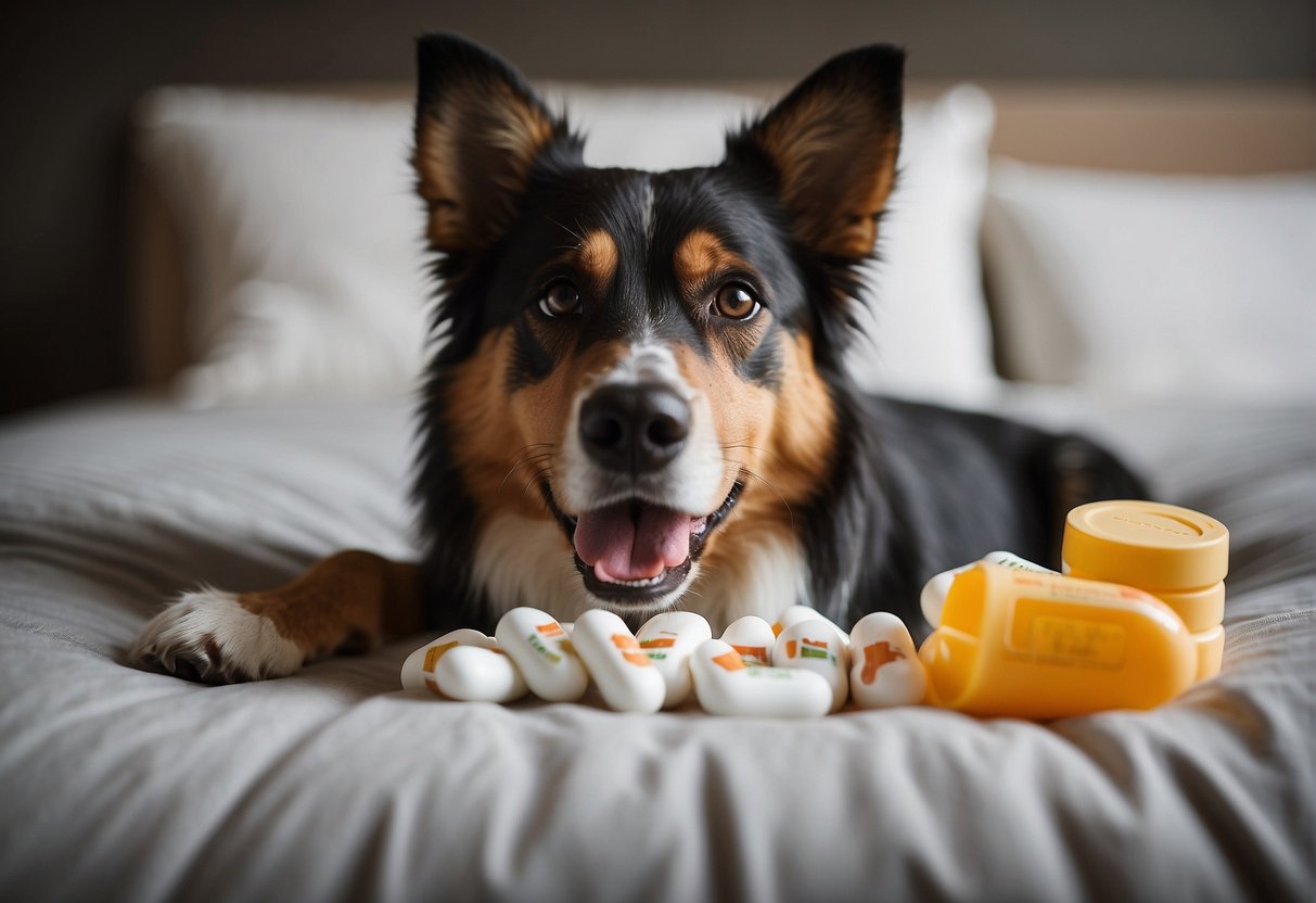 A dog lying on a soft bed, with a concerned expression, while a hand holds out different types of painkillers for the dog to choose from