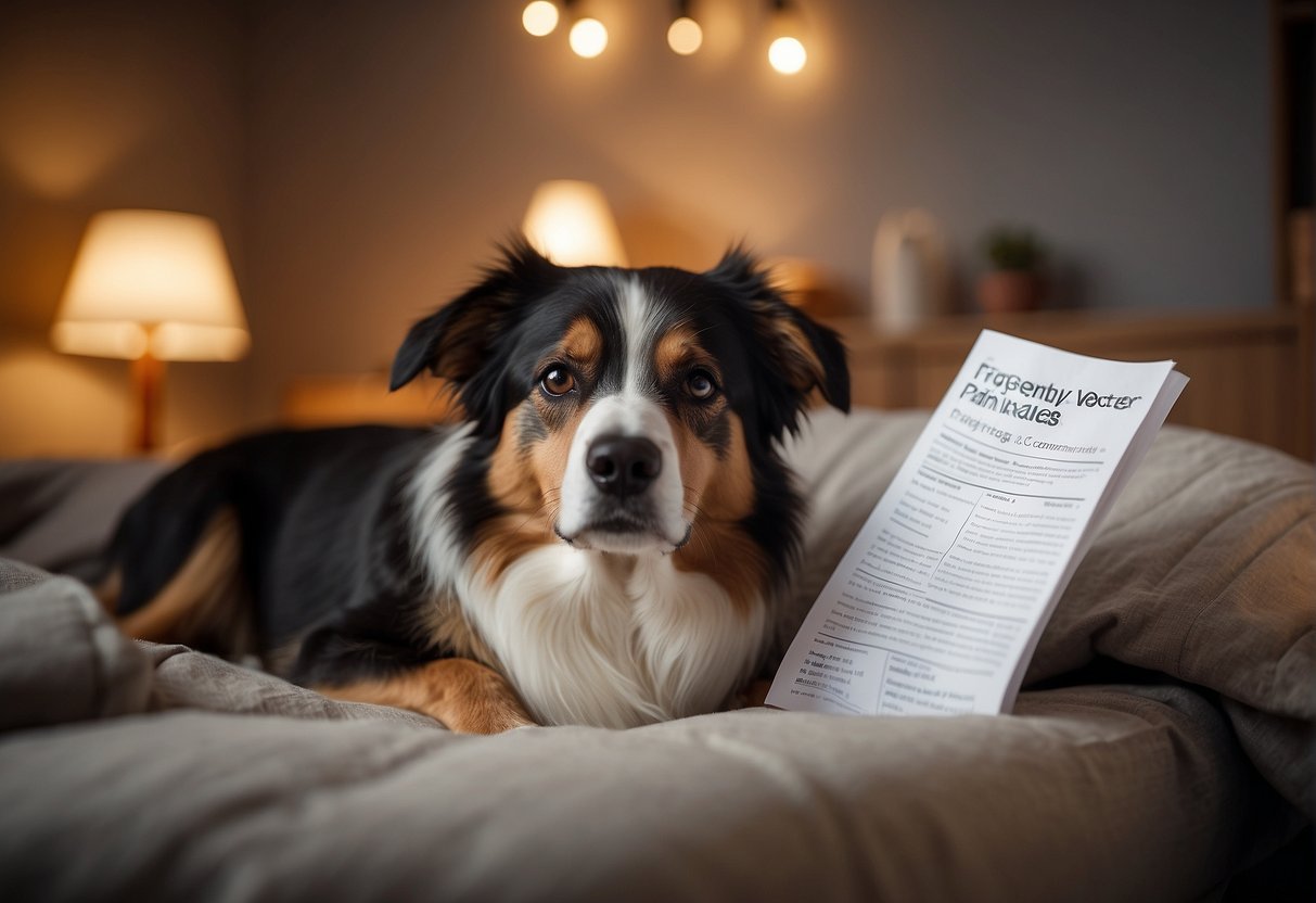 A dog lying on a cozy bed, with a concerned owner looking at a bottle of painkillers and reading a "Frequently Asked Questions" leaflet